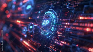 A digital technology background with a focus on the acronym API, which stands for Application Programming Interface, highlighted in the center amidst abstract high-tech elements and binary code.