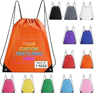 Custom Drawstring Bags With Logo, 10 Pack Personalized Text Drawstring Backpack Bulk Great for Travelling, Gym and for Everyday Use (Orange)