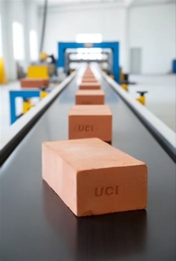 Macro close-up of freshly made red auto bricks moving along the conveyor.