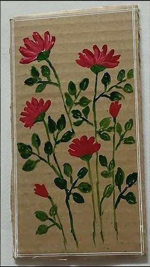 Painting flowers on a cardboard box flap -Painting on a waste cardboard box flap with acrylic paints