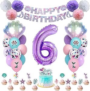 Mermaid Birthday Decorations Little Mermaid Party Decorations Party Supplies Set with Mer maid Shell,Banner,Cake Topper,Pom Poms Flowers,Latex Balloons and Number 6 Balloon for Girls