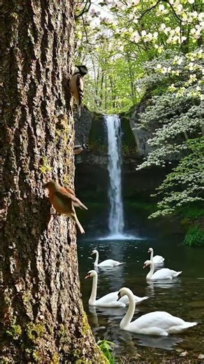 Beautiful waterfall 🌊 forest swans and birds.🥰 👉 “Subscribe for daily calm videos”