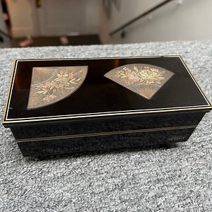 🌸VTG  Music Jewelry Box Fuji Black Lacquer Copper Silver Gold Etching Japan