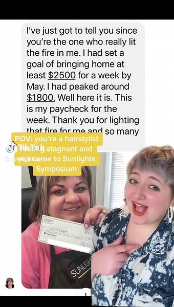 Lori attend Sunlights Symposium 2022, after facing major challenges in her life as well as stagnation in her career. Like many of our incredible attendees, she came to us to be reinspired in ger craft and to increase her profits at the chair. After learning from @Candy Shaw about running a better business, diving into balayage, and discovering the world of French Cutting, Lori has exceeded her goal of $2500 per paycheck. YOU ARE AMAZING LORI! We are so proud of you. 💛✨ #hairtok #hairstylist #ha