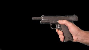 Male hands presenting weapons a gun. Alpha channel. Simulation of reloading weapons and shooting a pistol on a transparent background