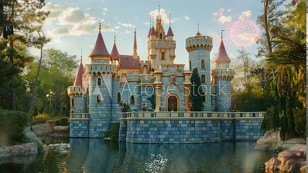 Animation majestic castle with high towers. seamless 4k video looping background. generated with ai