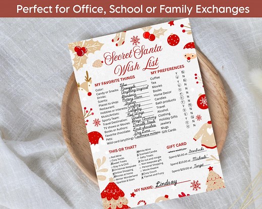 Secret Santa Questionnaire Favorite Things Work Secret Santa Survey Christmas Wishlist Gift Questionnaire Office Gift Exchange - Etsy