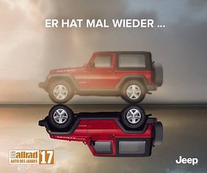 Jeder Herausforderung gewachsen: Der Jeep® Wrangler ist zum zweiten Mal Sieger der AUTO BILD ALLRAD Leserwertung. Wir möchten uns bei allen Lesern bedanken, die den Jeep® Wrangler zum Importsieger in der Kategorie „Geländewagen und SUV von 30.000 bis 50.000 Euro“ gewählt haben. (AUTO BILD ALLRAD, Heft 5/17 vom 07.04.2017) | Jeep Deutschland