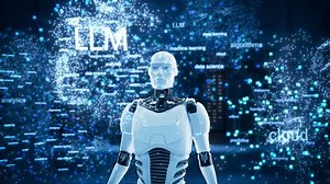 AI Robot Engages in Advanced Data Analysis in a Virtual Cyber Reality Environment. Concept ofArtificial Intelligence Machine doing Deep Learning and Cyber Security. Touches LLM Cloud with Gesture