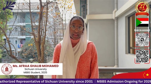 🌟 Meet Our First-Year MBBS Student 🌟 Ms. AFRAA GHALIB MOHAMED from Sudan 🇸🇩 She shares her inspiring journey at Sichuan University, China, highlighting her favorite parts of the campus, the safe learning environment, and her academic experience as an international medical student ✨ 🎓 MBBS Admissions Open – Sichuan University 📅 Session: 2026 🇨🇳 Location: China 🏛️ Why Choose Sichuan University? • QS World University Ranking 226 • One of China’s most prestigious medical universities • Nati