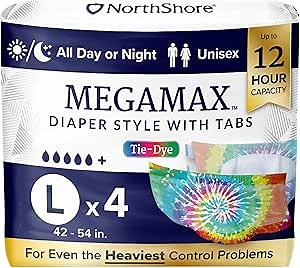 NorthShore MegaMax 12-Hour HBL Adult Diapers for Heavy Bladder Leaks, Large, 4 Count, Tie-Dye, 42-54 inches, Tab-Style Incontinence Underwear for Men, Women & Teens
