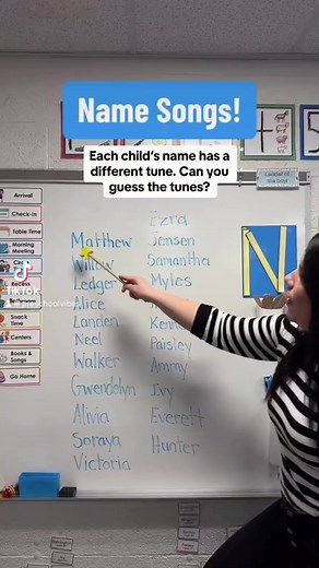 Dive into a musical journey with our unique name songs, where each of my 22 students becomes the star of the week with a personalized tune. Using familiar children's melodies, we adapt the song to fit each student's name. For a guide on creating your own versions and to see the full list of tunes, visit my website, preschoolvibes.com | Preschool Vibes