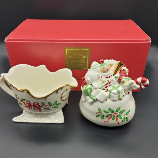 Vintage Lenox 4 Pc Holiday Santa Sleigh Creamer, Toy Bag Sugar Bowl W Lid, Spoon, Christmas Serving Set, Holly Berry Toy Motif, With Box - Etsy