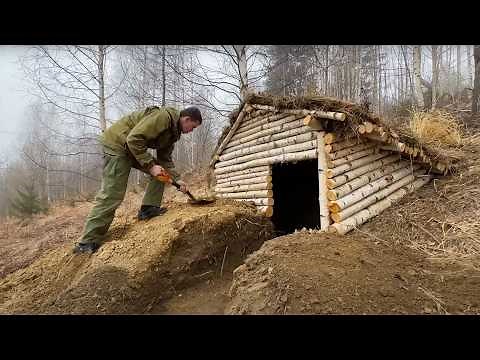 Building a warm shelter for survival in the wild, bushcraft log cabin off the grid