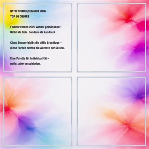 NYFW SPRING/SUMMER 2026 · TOP 10 COLORS 2026 wird Farbe wieder bewusster eingesetzt. Nicht als Reiz, sondern als Haltung. Pantone beschreibt eine Saison, in der Individualität nicht durch Lautstärke entsteht, sondern durch präzise Auswahl und klare Balance. Acacia, Marina, Muskmelon, Alexandrite, Lava Falls – ergänzt durch Rosé- und Erdtöne, die Ruhe und Tiefe in neue Silhouetten bringen. Im Zentrum bleibt Cloud Dancer: ein stilles Off-White, das Raum schafft, statt zu dominieren. Farbe wird dam