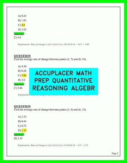 ACCUPLACER MATH PREP QUANTITATIVE REASONING ALGEBRA 2026 UPDATED PRACTICE TEST QUESTIONS