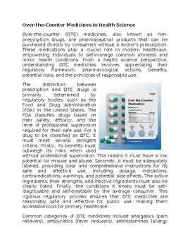 Over the Counter Medicines Health Worksheet for Sub-Plan or Classwork & Homework