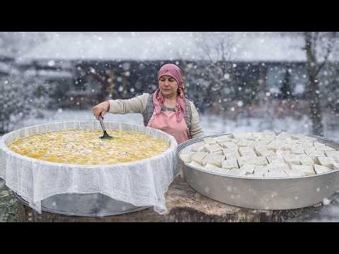 Making Homemade Cheese from Fresh Farm Milk in a Snowy Village
