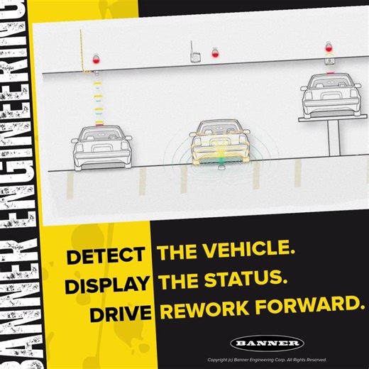 Banner rework bay solutions combine vehicle detection with clear status displays and bold visual indication so teams know what’s happening at a glance. See what’s possible in automotive manufacturing: 🔗 https://ow.ly/y8BB50XSzsA #BannerEngineering #AutomotiveManufacturing #ReworkBay #IndustrialAutomation #SmartFactory | Banner Engineering