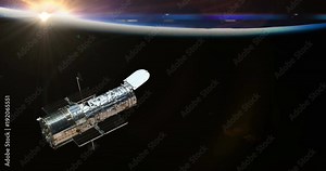 Hubble Space Telescope Above Sunrise Earth Moving Through Space, 4K some elements furnished by NASA images
