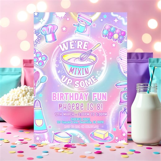 Baking Birthday Invitation Template: Pink Neon Kitchen Cooking Party Editable Card - Etsy
