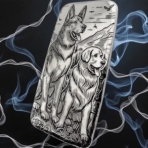 The Adamo Metals Techne Silver Art Bar titled "Best Friends" features a loyal German Shepherd and a gentle Golden Retriever standing side by side in a serene mountain setting. Surrounded by nature, their joyful expressions and strong stance reflect companionship, loyalty, and the peaceful bond between dogs and the outdoors beautifully captured in detailed silver artistry. See all the details: https://bit.ly/AdamoBestFriends Adamo Metals Curated Store: https://bit.ly/AdamoMetalsStore | Adamo Meta