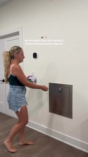 if you love DIY, build tips organization, tap follow ◡̈ here’s why we brought back the laundry chute, we have a first floor primary bedroom and the kids space is upstairs. the laundry room is central to the house which allows easy access from our bedroom to put clothes away, but the girls can throw their clothes down the chute to the rolling basket and then I wash everything. then they fold and bring their clothes back upstairs. the chute has a fire safe enclosure blends in with one of the sides