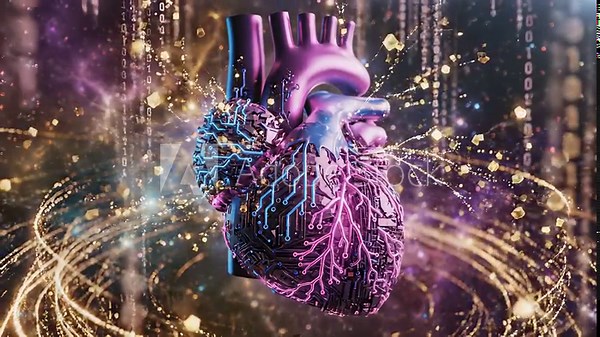 Digital Representation of Human Heart with Circuitry, Blurring Lines Between Biology and Technology, Conceptualizing Fusion of Emotions and Artificial Intelligence for Innovation, Progress.
