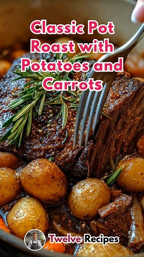 Classic Pot Roast with Potatoes and Carrots 🥩🥔🥕 This tender, juicy Pot Roast is slow-cooked to perfection with baby potatoes, carrots, onions, and herbs in a rich, savory gravy. A timeless comfort dish that melts in your mouth, perfect for cozy family dinners! Ingredients: For the Roast: 3–4 lb chuck roast 2 tbsp olive oil Salt and black pepper, to taste 1 tsp garlic powder 1 tsp onion powder 1 tsp dried thyme 1 tsp dried rosemary For the Vegetables and Gravy: 1 lb baby potatoes, washed 3 car