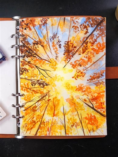 Looking Up Through Autumn There’s something peaceful about looking up through the trees in the fall. I wanted to capture that golden light breaking through the leaves using watercolour and loose brush strokes. This perspective always makes me slow down and just breathe. Would you hang this in your home? #watercolortimelapse #watercolorpainting #artprocess #paintwithme #calmingvideo #relaxingart #natureart #landscapepainting #artistsoftiktok #satisfyingart #arttok #slowart #watercolor #arttimelap