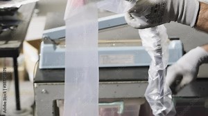 Packing of hydraulic flexible hose pipe. Factory worker packing hydraulic flexible hose pipe. Production in hose, pipe factory.