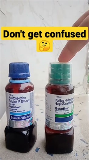🩺Disease_Decode💊 on Instagram: "Betadine 2% Gargle ≠ Betadine 10% Antiseptic! Know before you pour! Both contain povidone-iodine, but concentration and purpose are very different 👇 🗣️ 2% Gargle: For oral hygiene, sore throat, or post-dental care Use as directed: gargle for 30 seconds and spit Don’t swallow! 🩹 10% Antiseptic Solution: For wound cleaning, minor cuts, surgical site prep Use externally only Not meant for mouth or ingestion🧠 #MedicineAwareness #BetadineFacts #PharmacyEducation 