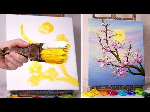 Beautiful Cherry Blossom Acrylic Painting | Step-by-Step Acrylic Tutorial for Beginners #418