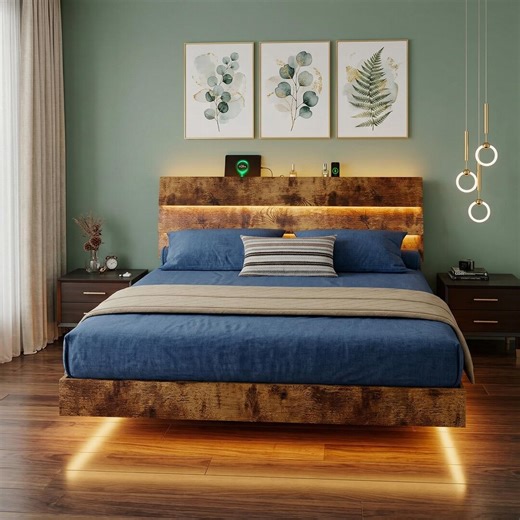 Floating Bed Frame With Adjustable Angle LED Lights, Solid Wood Platform Bed Frame With Reading Lamp, Integrated Charging Station - Etsy