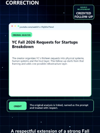 A creator I follow recently published one of the clearest breakdowns I’ve seen of Y Combinator’s Fall 2026 Requests for Startups. This is a respectful follow-up to his analysis—not a correction. His framing groups YC’s requests into three connected areas: 1. Physical systems 2. Human systems 3. The trust layer YC’s own Fall 2026 framing says AI is moving into the physical world. The requests include new systems for: • humans, robots and AI agents working together • multiplayer agent sessions las