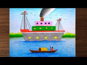 Ship scenery drawing step by step for beginners / Ship drawing easy with colour