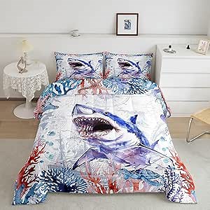 Feelyou Kids Boys Girls Shark Bedding Set Full, Ocean Shark Comforter Sea Animal Comforter Set for Ocean Coastal Duvet Set 3Pcs Room Decor Quilt Set Bedding Collection