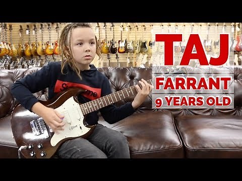 9-years-old Taj Farrant playing a 1968 Gibson SG-3 Melody Maker at Norman's Rare Guitars