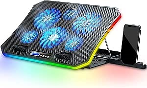 TopMate C12 Laptop Cooling Pad RGB Gaming Notebook Cooler for Desk and Lap Use, Laptop Fan Stand 8 Adjustable Heights with 6 Quiet Fans and Phone Holder, for 15.6-17.3 Inch Laptops - Blue LED Light
