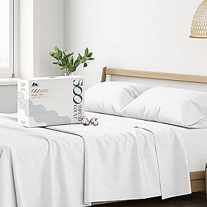 Mayfair Linen 100% Egyptian Cotton California King Sheet Set - Luxury 500 Series Soulmate Collection Cotton Sheets Cal King Size (4 PC, White - Stripe), Soft, Cooling 16" Deep Pocket Hotel Sheets