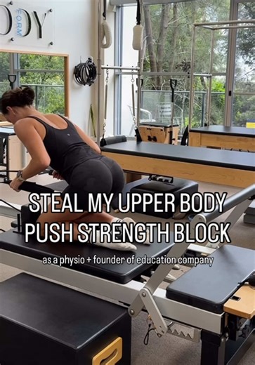 Steal my Upper Body PUSH strength block on the reformer. As a physio and founder of @bodyform.pilates.training, one of the biggest programming mistakes I see instructors make is jumping between completely different muscle groups instead of actually building fatigue through a chain. If your goal is strength, you need to keep loading the same movement pattern. Here’s a simple push block I use all the time: A1 Chest Press A2 Shoulder Press A3 Tricep Extension Why these three? Because they all train