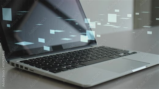 Laptop reveals floating digital squares by screen in workspace, static closeup eye level, natural light copy space by Generative AI