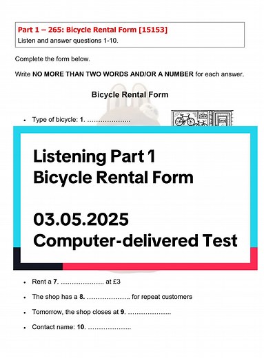 IELTS Listening Part 1: Bicycle Rental Form Guide