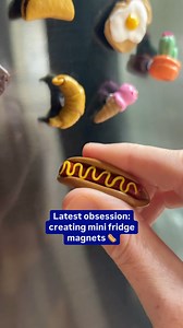 Snack-sized magnets for your fridge 🌮🥐🌭 Crafted with Sculpey oven-bake clay and gloss, available at Officeworks. #minimagnets #diyart #clayart | Officeworks