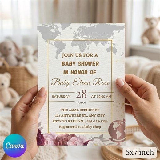World Map Baby Shower Invitation, Little Explorer Landing Soon Invite, Floral Map Baby Invitation Template, Digital Download, Canva Editable - Etsy