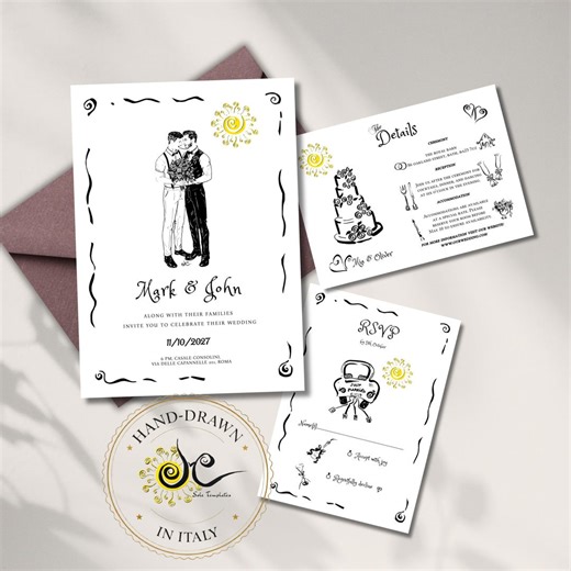 Hand-drawn Wedding Invitation Set, LGBT Couple, Whimsical Line Art (digital Download) - Etsy