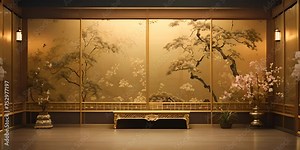 A vintage Japanese room, background. Traditional high class Japanese style room with gold style decorated walls. 4K Video