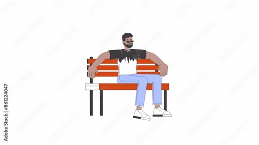 African american man sitting on bench alone line 2D character animation. Place to rest flat color cartoon 4K video, alpha channel. Black male resting on seat animated person on white background Stock Video