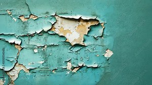 Peeling teal paint reveals a worn brick wall beneath