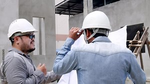 Unrecognizable face architect man with mustache wearing hard hat explaining the inspection to partner foreman at construction site. Asian engineer hold blueprint listen to manager vision or contractor